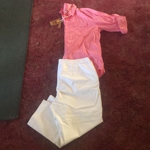 Outfit: two button up shirts and white pants